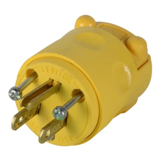 Fiche électrique mâle jaune à 3 contacts Leviton® avec serre-fil intégré