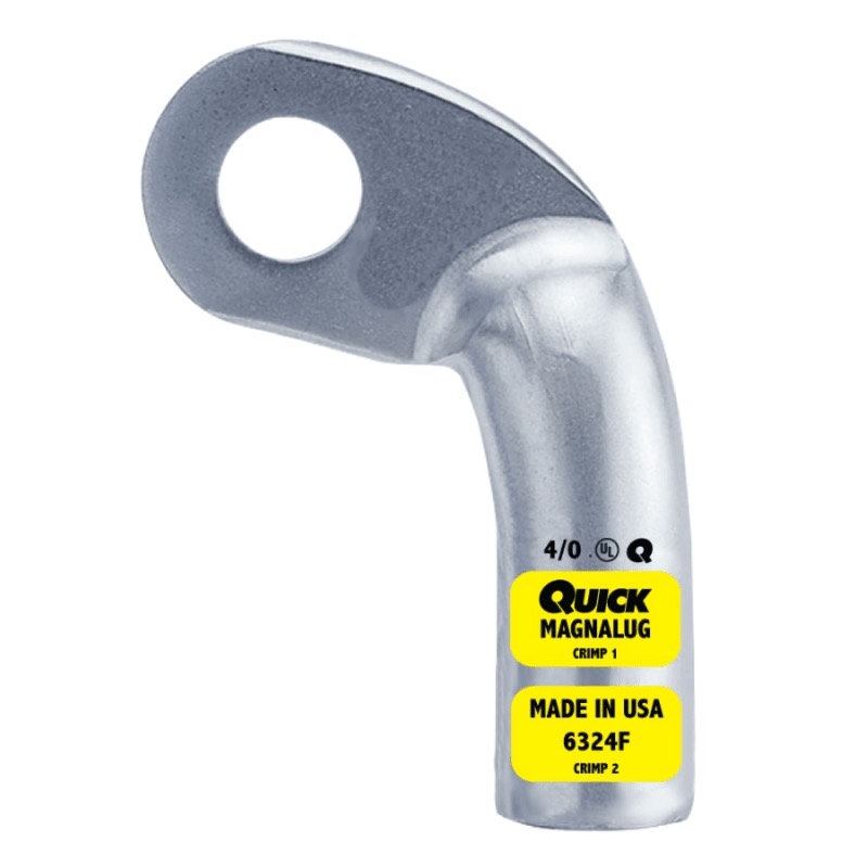 Coude gauche extra robuste MagnaLug® pour batterie à bornes filetées 4/0 GA X 3/8 jaune en cuivre étamé
