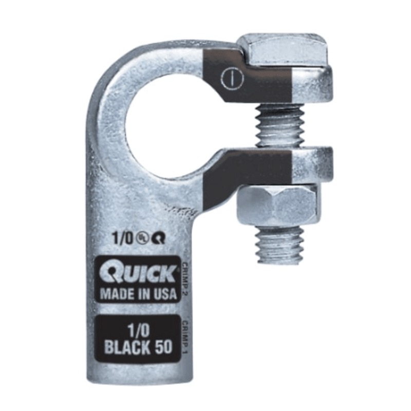 Coude droit robuste Quick® pour batterie à bornes standards 1/0 GA négatif noir en cuivre étamé