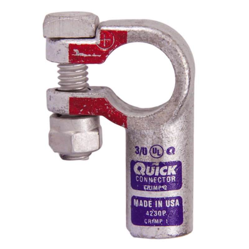 Coude gauche robuste Quick® pour batterie à bornes standards 3/0 GA positif pourpre en cuivre étamé
