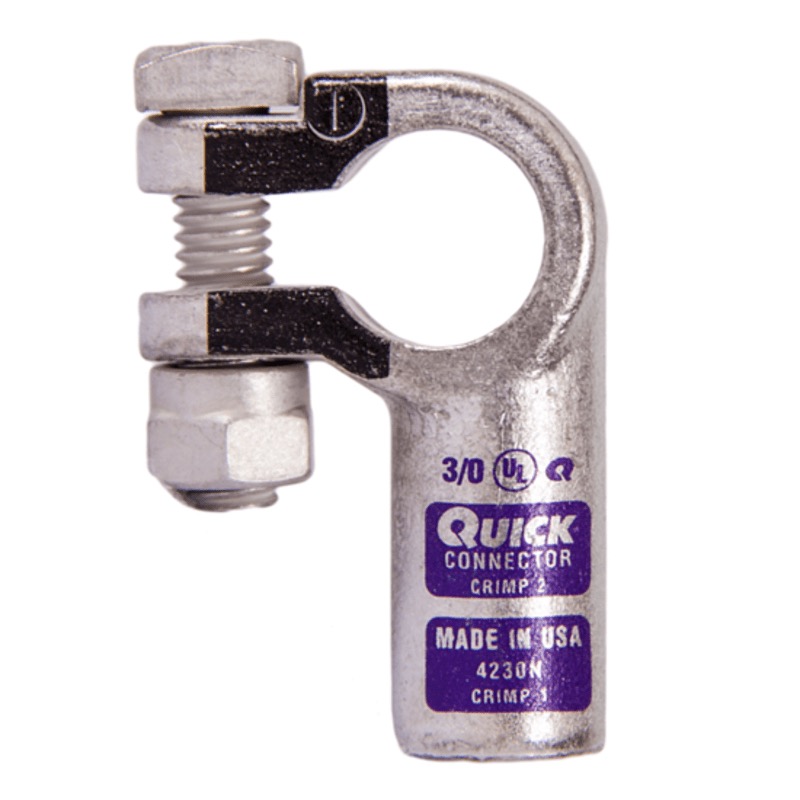 Coude gauche robuste Quick® pour batterie à bornes standards 3/0 GA négatif pourpre en cuivre étamé
