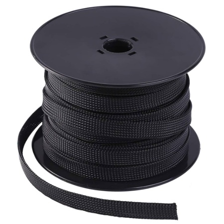 Gaine tressée extensible en polyester 1/4 po X 200 pi noire (rouleau)