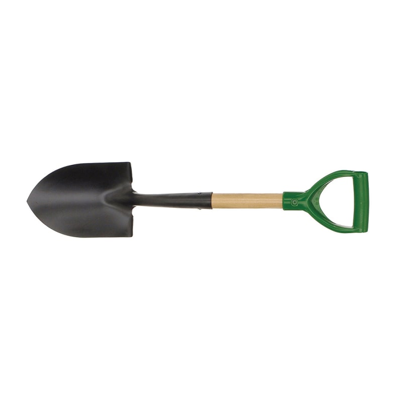 Compact round point shovel with footrest and 16.38 in wooden handle