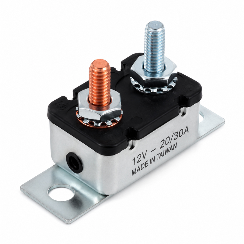 Stud terminal circuit breaker 10A 12V type 1 metal housing with inline mounting bracket