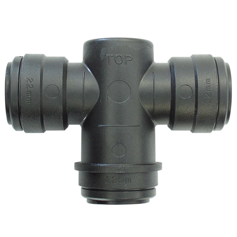 AIRLINE push-to-connect acetal tee reducer 22 to 15 mm tube with water trap insert