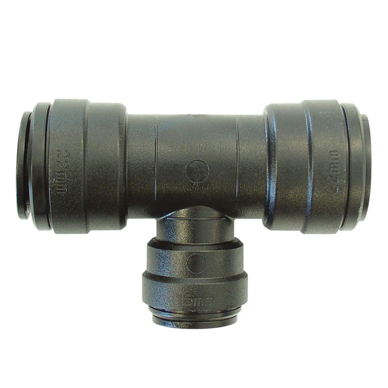 AIRLINE push-to-connect acetal tee reducer 22 to 15 mm tube