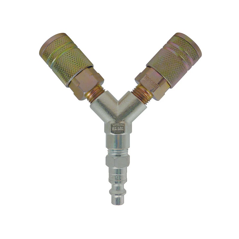 2-way brass air splitter with (2) MAXQUIK 1/4 Industrial quick couplers