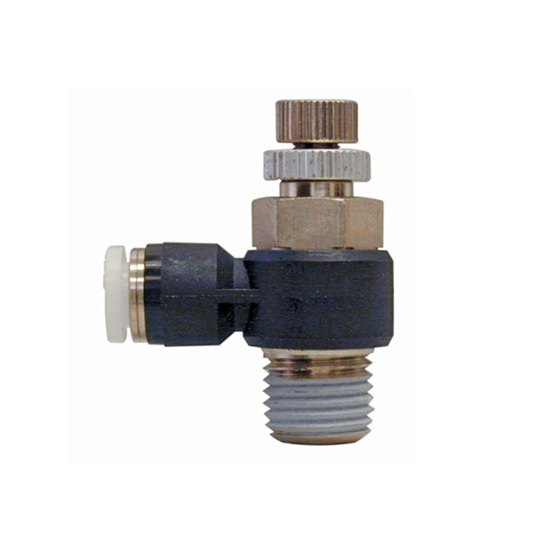 TOPFIT polymer push-to-connect 90 deg flow control valve 1/4 tube X 1/8 M-NPT (for cylinder outlet)