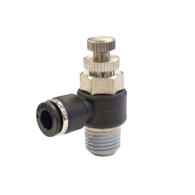 MAXFIT polymer push-to-connect 90 deg flow control valve 1/4 tube X 1/8 M-NPT (for cylinder outlet)