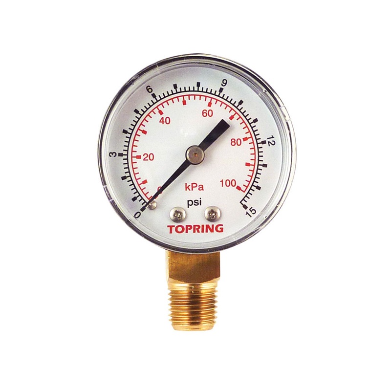 Steel dry pressure gauge 0 to 15 PSI 2 in X 1/4 M-NPT base mount