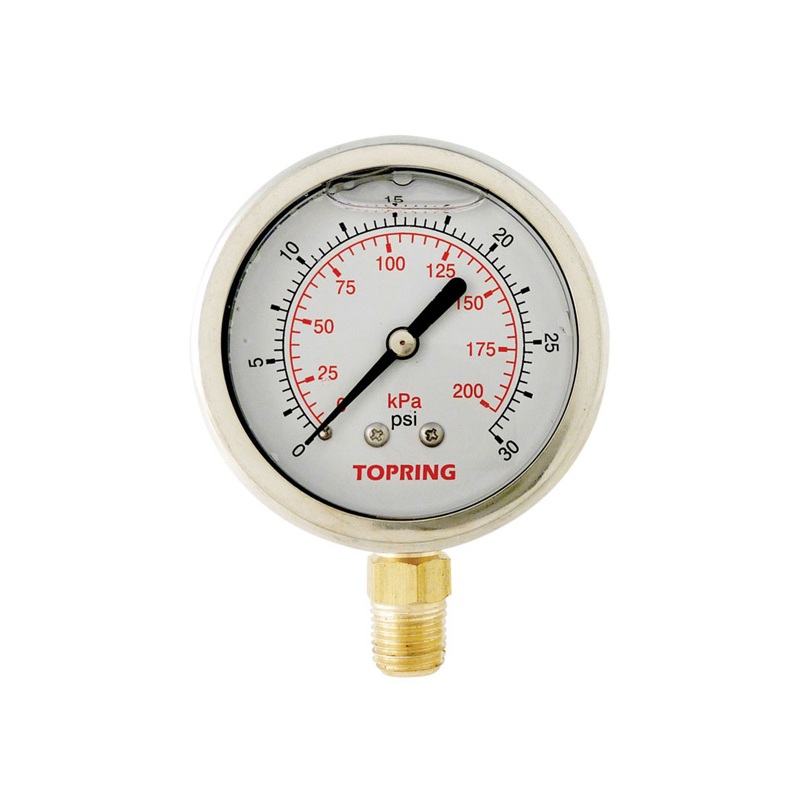 Stainless steel pressure gauge with glycerin 0 to 30 PSI 2-1/2 in X 1/4 M-NPT base mount