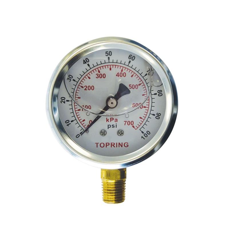 Stainless steel pressure gauge with glycerin 0 to 100 PSI 2-1/2 in X 1/4 M-NPT base mount