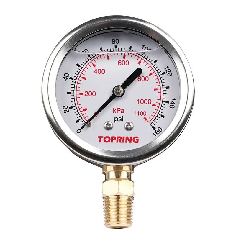 Stainless steel pressure gauge with glycerin 0 to 160 PSI 2-1/2 in X 1/4 M-NPT base mount