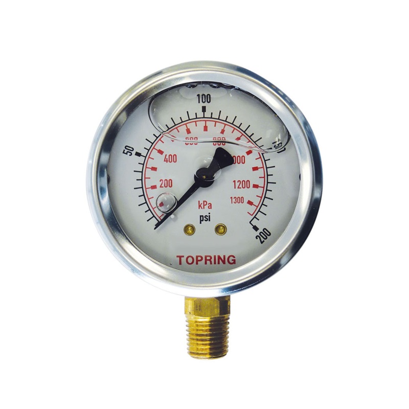 Stainless steel pressure gauge with glycerin 0 to 200 PSI 2-1/2 in X 1/4 M-NPT base mount