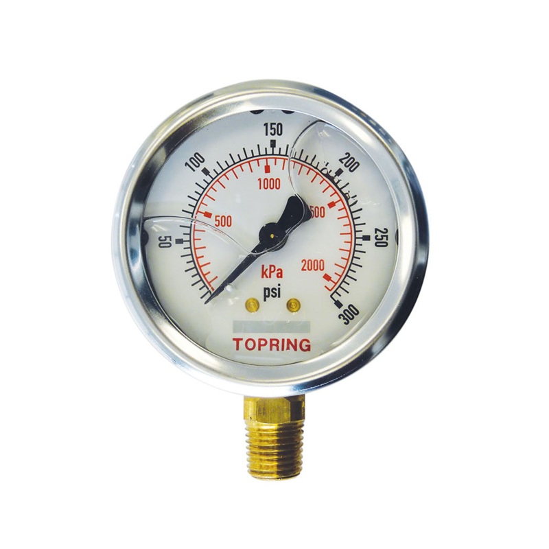 Stainless steel pressure gauge with glycerin 0 to 300 PSI 2-1/2 in X 1/4 M-NPT base mount