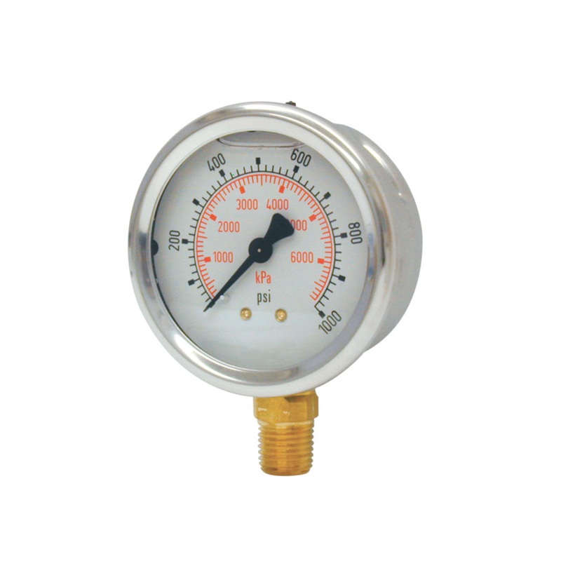 Stainless steel pressure gauge with glycerin 0 to 1000 PSI 2-1/2 in X 1/4 M-NPT base mount