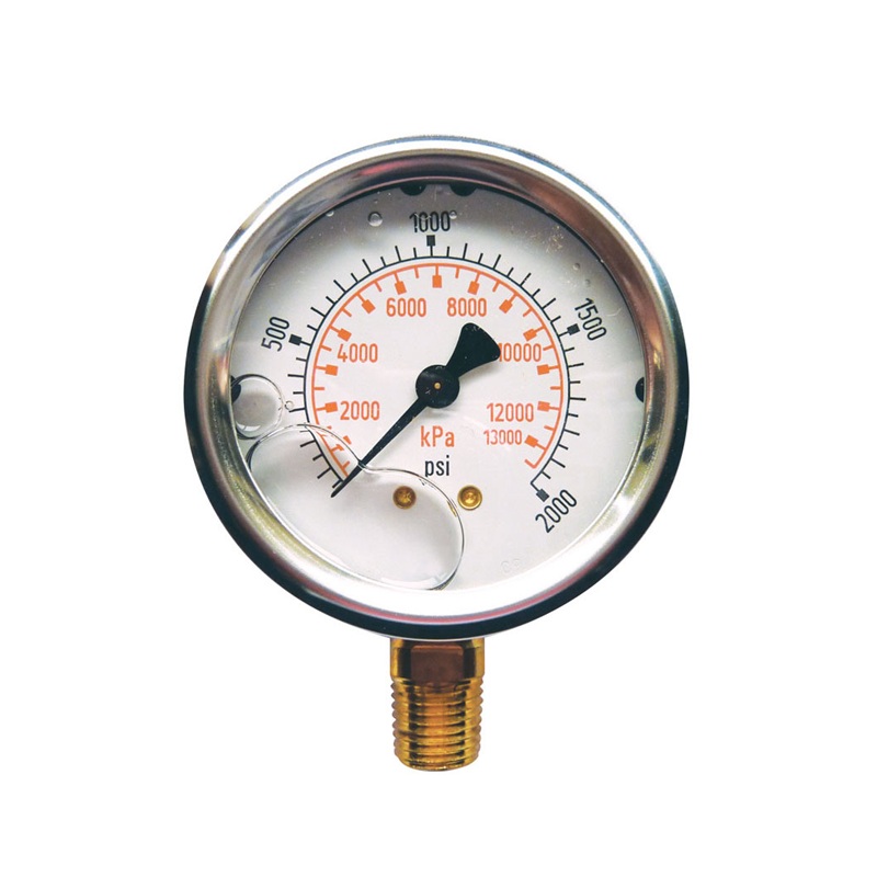 Stainless steel pressure gauge with glycerin 0 to 2000 PSI 2-1/2 in X 1/4 M-NPT base mount