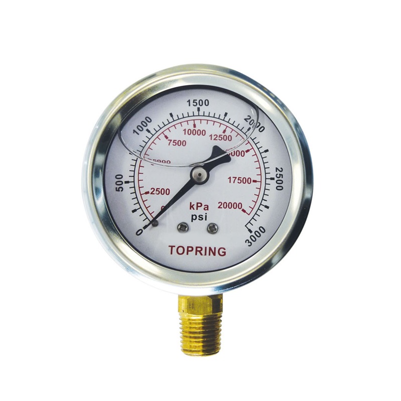 Stainless steel pressure gauge with glycerin 0 to 3000 PSI 2-1/2 in X 1/4 M-NPT base mount