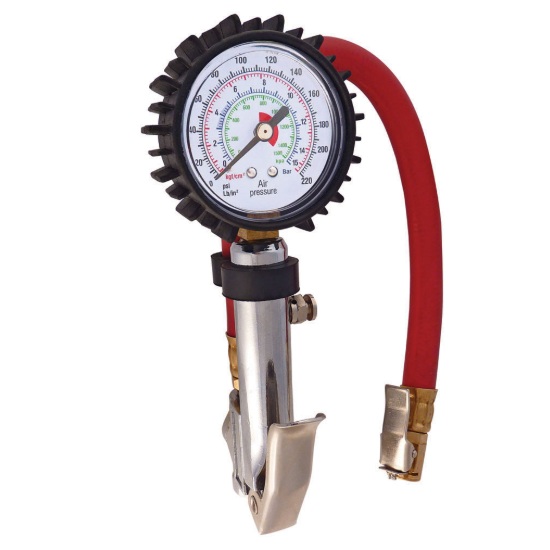 Tire inflation gauge 10 to 220 PSI with clip-on air chuck