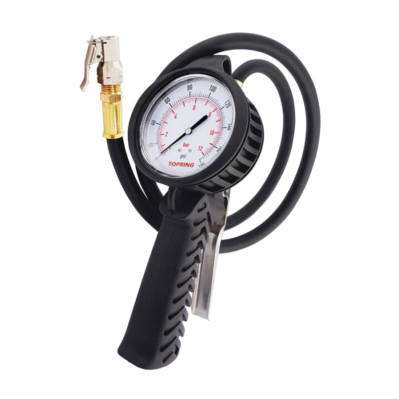Tire inflation gauge 7 to 180 PSI with clip-on air chuck