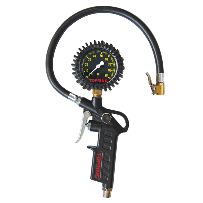 Tire inflation gauge 0 to 90 PSI with clip-on air chuck