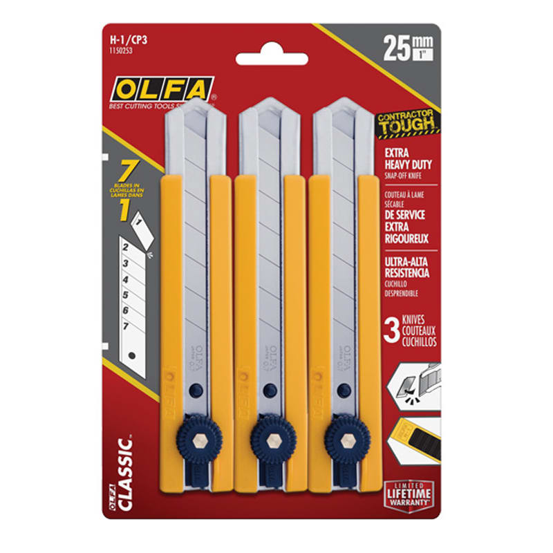 Olfa® H-1 25mm extra heavy duty ratchet utility knives (3/pck)