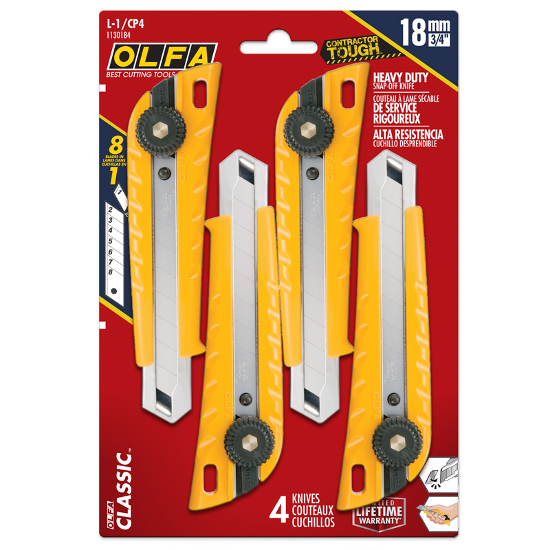Olfa® L-1 18mm heavy duty ratchet utility knives (4/pck)