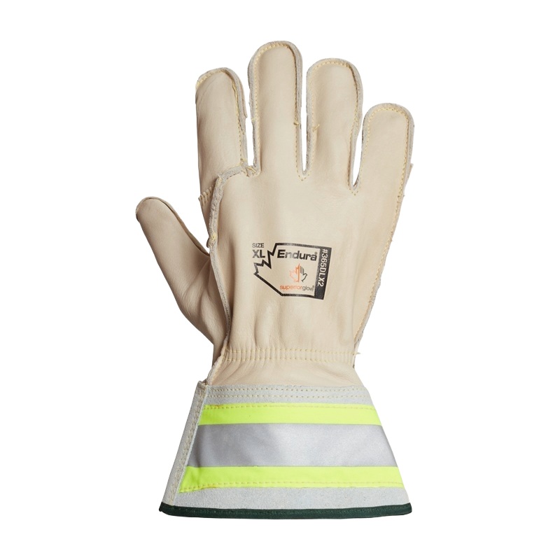 Endura® leather lineman gloves with short 2 in hi-viz cuffs, XL