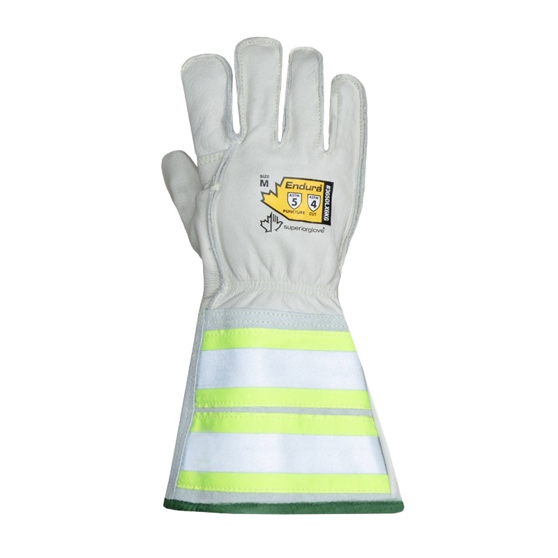 Endura® cut-resistant leather lineman gloves with extended hi-viz cuffs, L