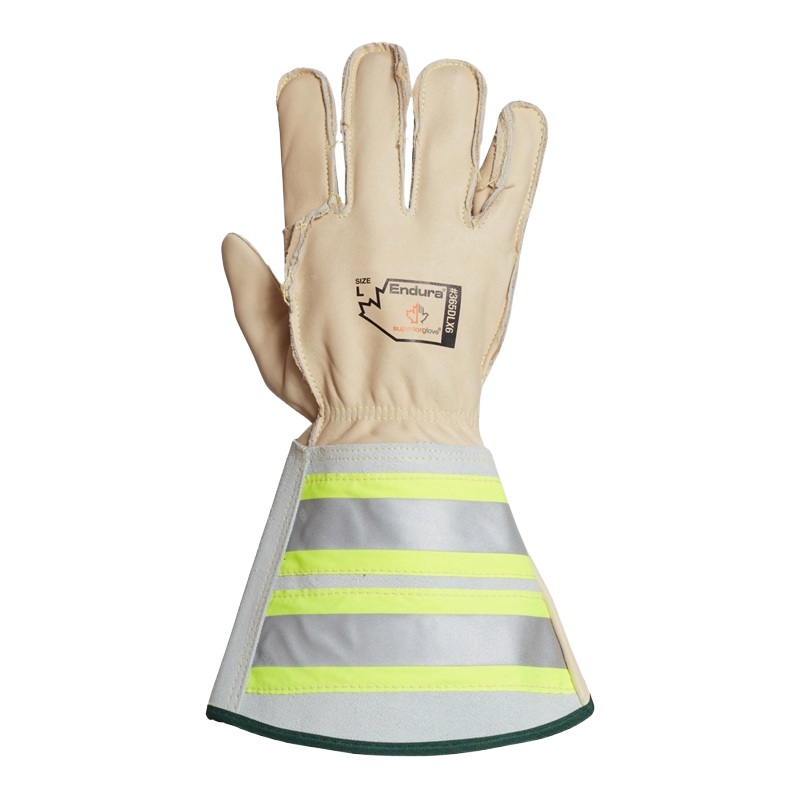 Endura® leather lineman gloves with extended hi-viz cuffs, L