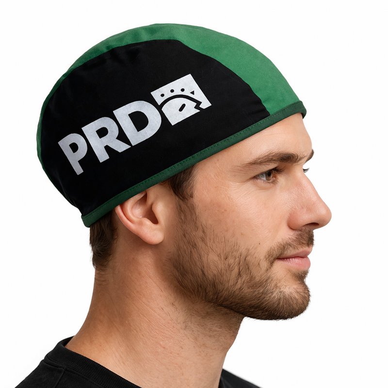 Bonnets de soudeur ignifuges en coton verts et blancs avec logo PRD (25/pqt)