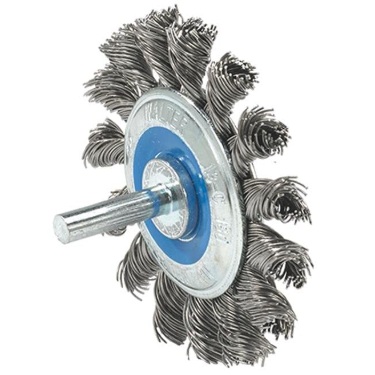 Brosse montée sur roue à fils noués 2-3/4 po X 1/4 po pour acier inoxydable ou aluminium