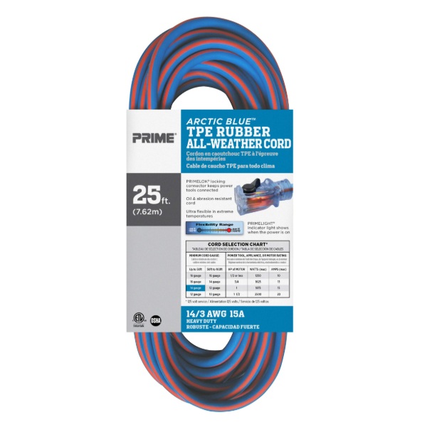 Rallonge électrique extérieure à prise simple Prime® Artic Blue™ 14/3 X 25 pi orange / bleue