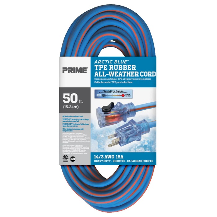 Rallonge électrique extérieure à prise simple Prime® Artic Blue™ 14/3 X 50 pi orange / bleue