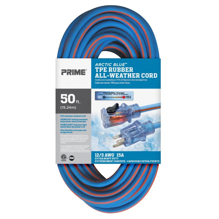 Rallonge électrique extérieure à prise simple Prime® Artic Blue™ 12/3 X 50 pi orange / bleue