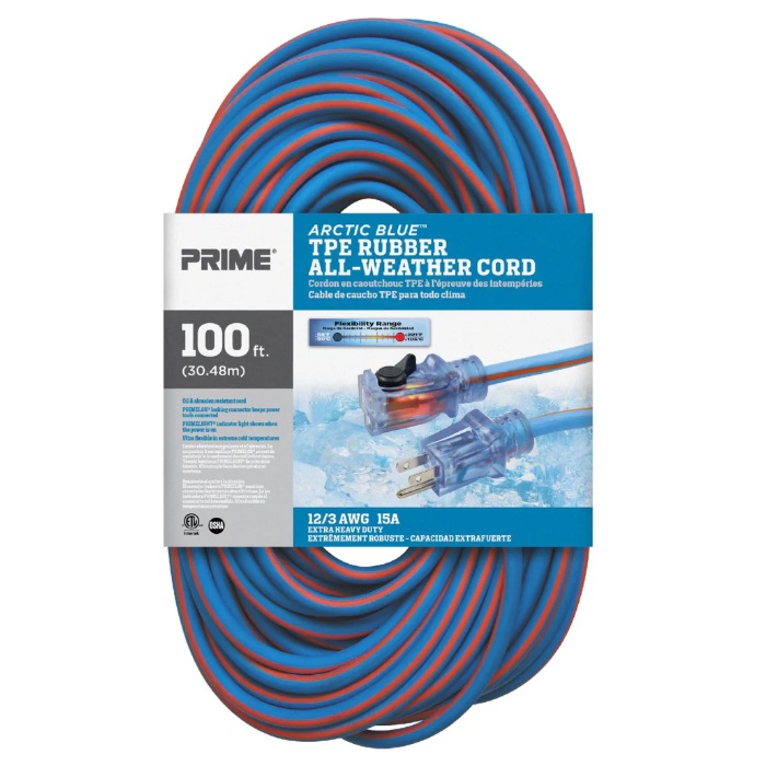 Rallonge électrique extérieure à prise simple Prime® Artic Blue™ 12/3 X 100 pi orange / bleue