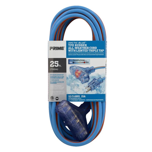 Rallonge électrique extérieure à prise triple Prime® Artic Blue™ 12/3 X 25 pi orange / bleue