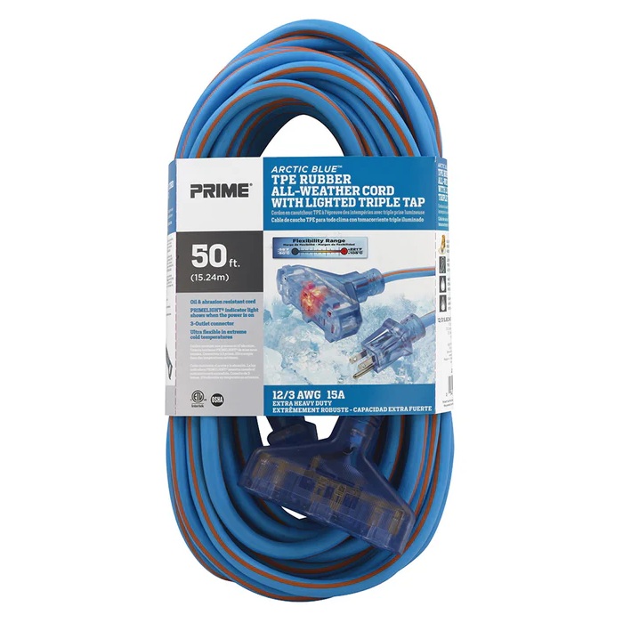 Rallonge électrique extérieure à prise triple Prime® Artic Blue™ 12/3 X 50 pi orange / bleue
