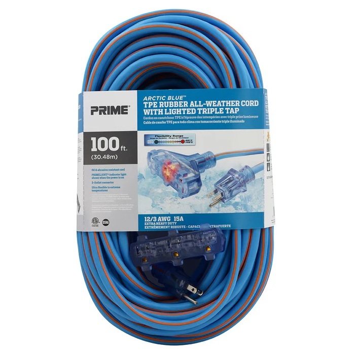 Rallonge électrique extérieure à prise triple Prime® Artic Blue™ 12/3 X 100 pi orange / bleue