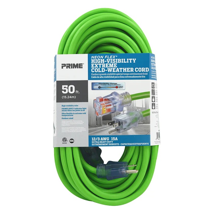 Rallonge électrique extérieure à prise simple Prime® Neon Flex® 12/3 X 50 pi vert haute visibilité