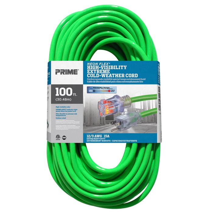 Rallonge électrique extérieure à prise simple Prime® Neon Flex® 12/3 X 100 pi vert haute visibilité