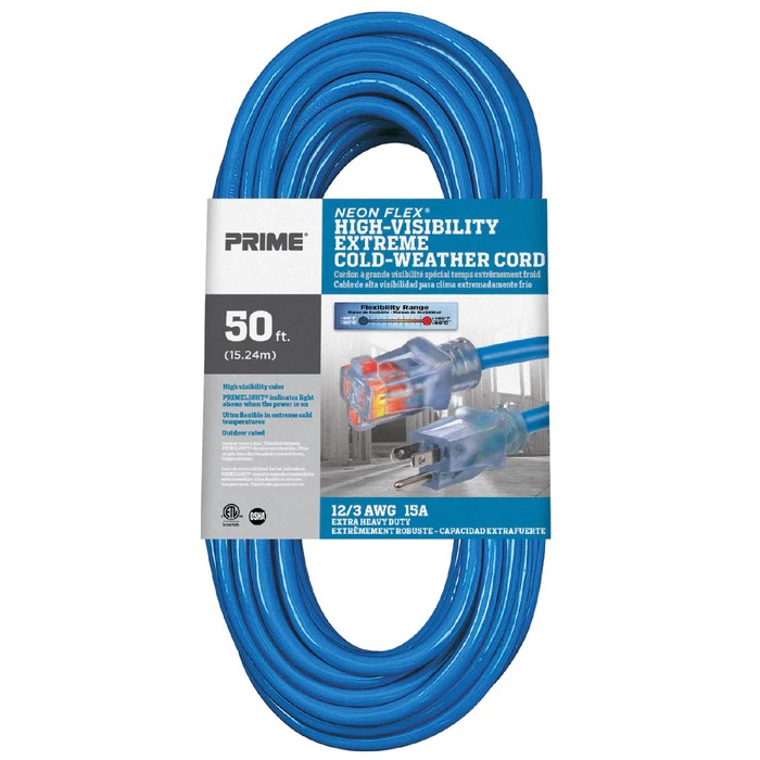 Rallonge électrique extérieure à prise simple Prime® Neon Flex® 12/3 X 50 pi bleu haute visibilité