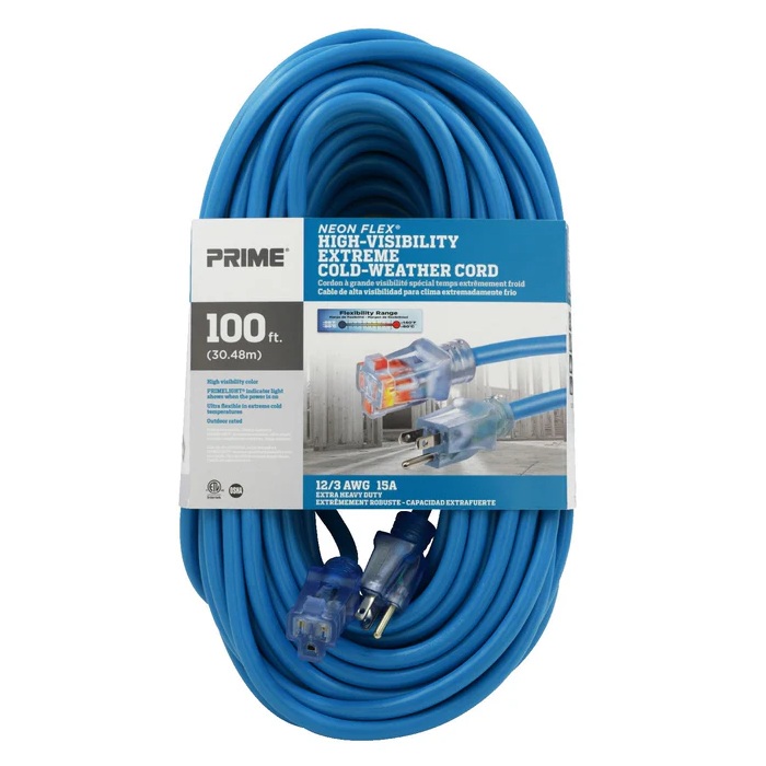Rallonge électrique extérieure à prise simple Prime® Neon Flex® 12/3 X 100 pi bleu haute visibilité