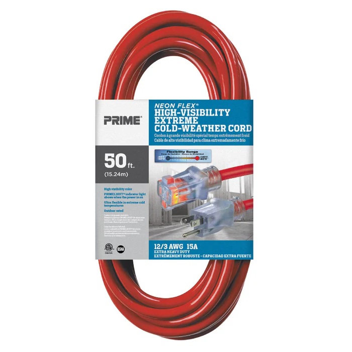 Rallonge électrique extérieure à prise simple Prime® Neon Flex® 12/3 X 50 pi rouge haute visibilité