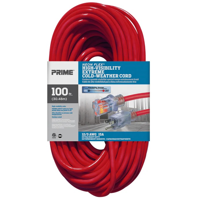 Rallonge électrique extérieure à prise simple Prime® Neon Flex® 12/3 X 100 pi rouge haute visibilité
