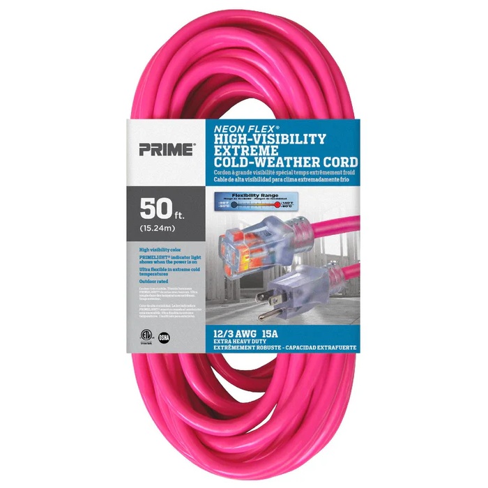 Rallonge électrique extérieure à prise simple Prime® Neon Flex® 12/3 X 50 pi rose haute visibilité