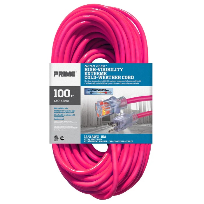 Rallonge électrique extérieure à prise simple Prime® Neon Flex® 12/3 X 100 pi rose haute visibilité