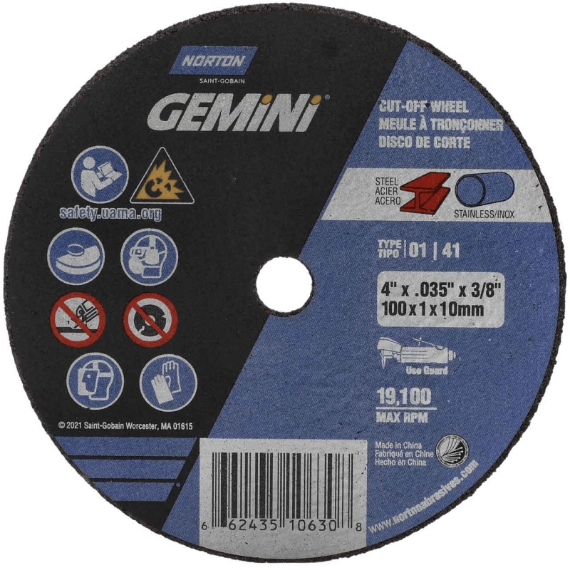 Meule à tronçonner Norton® Gemini™ Free Cut 4 po X .035 po X 3/8 po T01 / T41