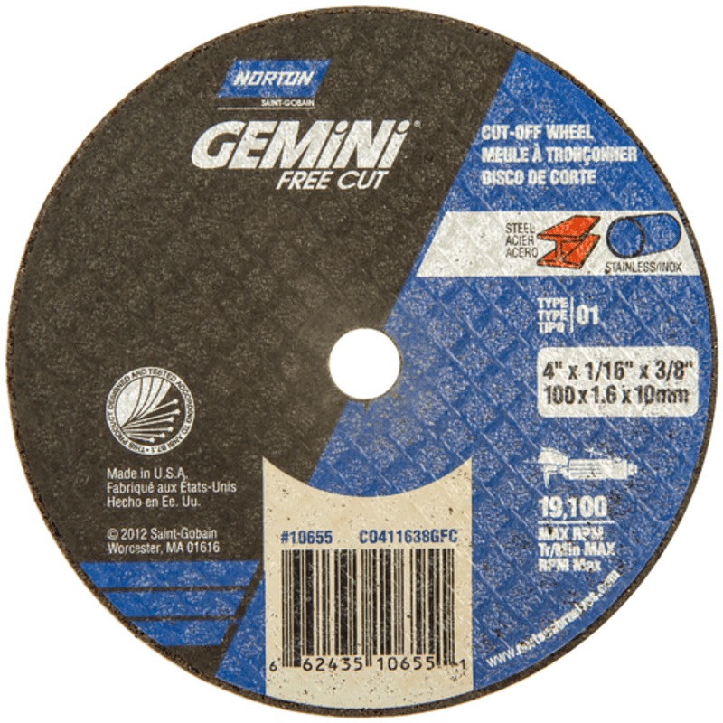 Meule à couper Norton® Gemini™ Free cut 4 X 1/16 X 3/8 T01 / T41