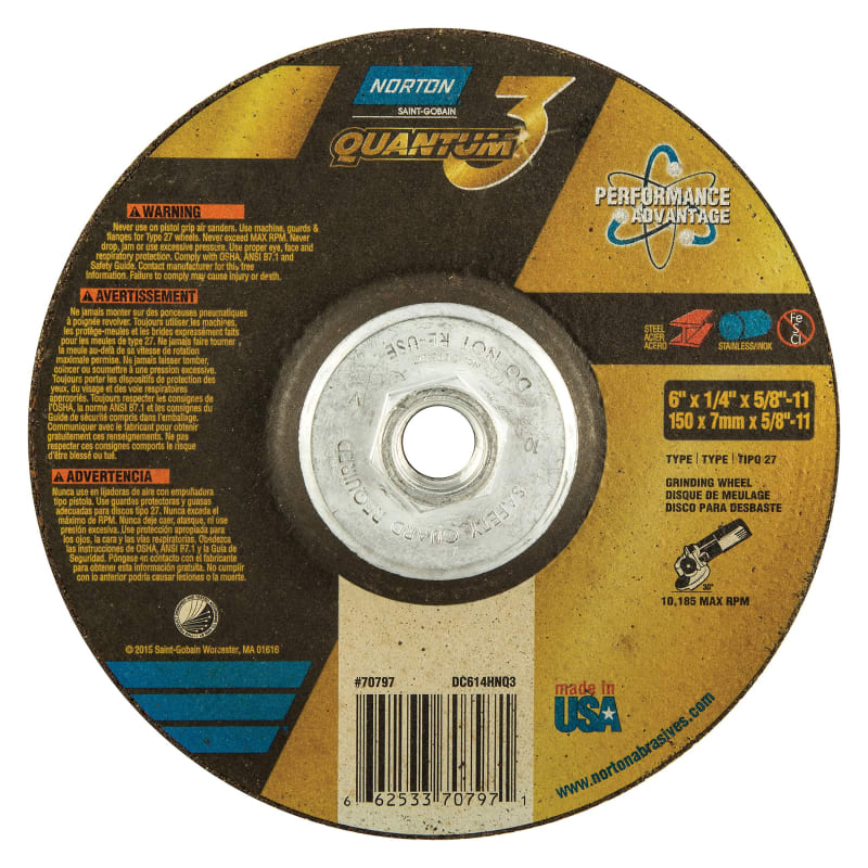 6 x 1/4 x 5/8-11 In. Quantum3 Grinding Wheel SG 20 Q T27